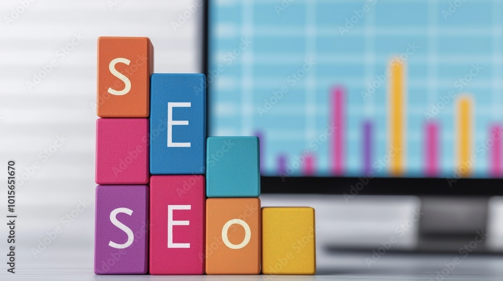 Colorful blocks displaying SEO concepts with a graph on a computer screen, showcasing digital marketing strategies. Colorful blocks displaying SEO concepts with a graph on a computer screen, showcasing digital marketing strategies.