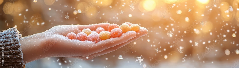 Fototapeta premium Hand Holding Colorful Snowy Snowballs in Winter Glow