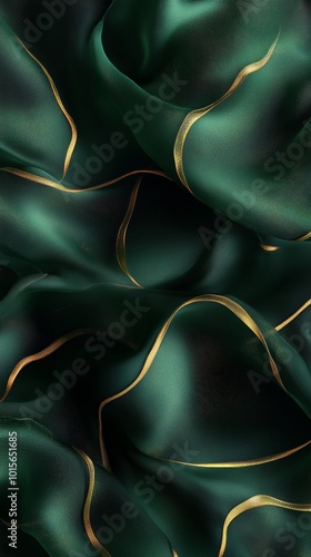 A digital art piece of green silk fabric with golden lines, in an elegant and luxurious style, focusing on the texture and flow of fabrics against a dark background. 
