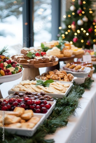 Buffet table set up with holiday treats and snacks. The room is filled with festive decorations, Generative AI