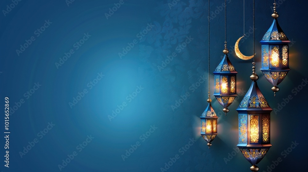 Islamic Lanterns Hanging on Blue Background Islamic Lanterns Hanging on Blue Background