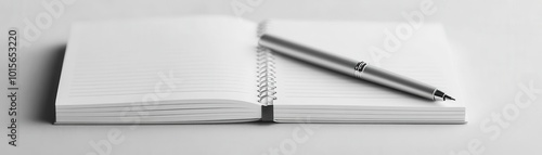 Closeup of a notebook mockup with crisp blank pages, a detailed pen lying across the open book, vibrant lighting, ultrarealistic paper and pen textures