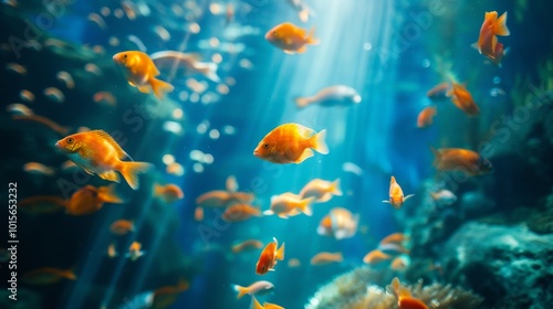 A colorful display of bright orange goldfish swimming in a tranquil underwater environment. Sunbeams penetrate the water, creating a peaceful, serene atmosphere with vivid marine life.