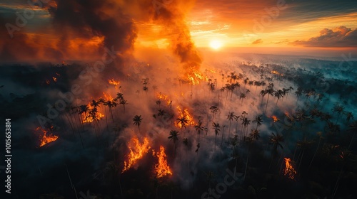 Aerial view shows tropical rainforest destruction from illegal fires, a devastating environmental crisis in progress.