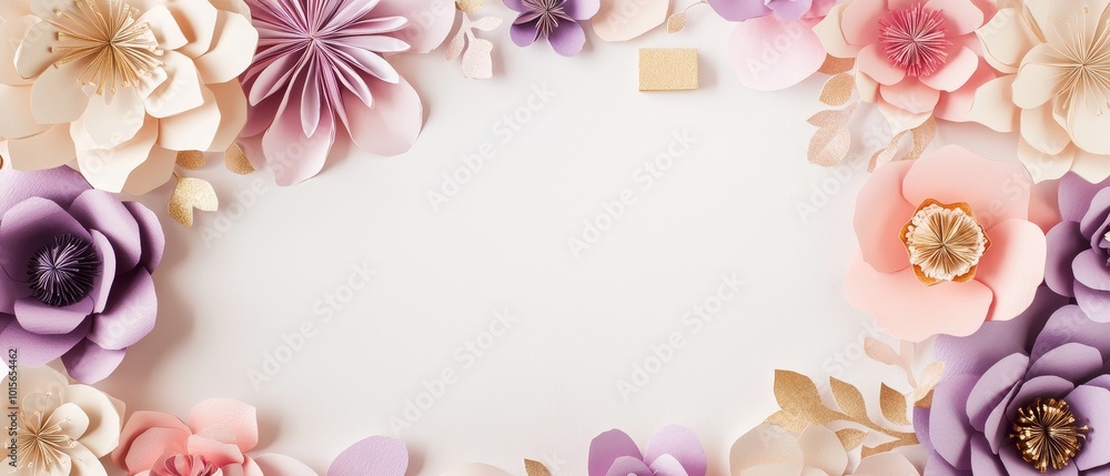 A frame made of paper flowers, with pink and purple tones on the left side of an empty white background. The style is a combination of light beige and gold, with an overall composition of flowers A frame made of paper flowers, with pink and purple tones on the left side of an empty white background. The style is a combination of light beige and gold, with an overall composition of flowers