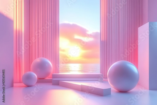 Minimal 3D render of geometric shapes on a soft background, bright lighting, sleek design, clean modern aesthetic