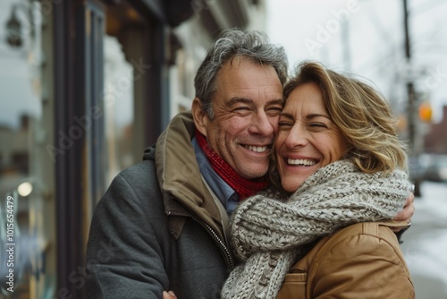 Portrait of a happy senior couple embracing on the street in winter