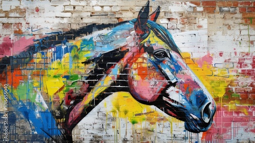 A vibrant graffiti artwork of a horse's head on a brick wall, featuring dynamic splashes of paint in bright colors. This urban-style mural combines realism with abstract elements, creating an