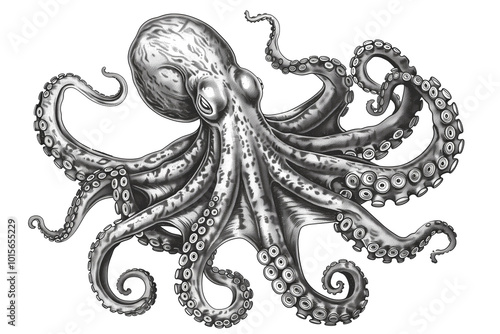 Engraving-style illustration of an octopus isolated on white background. Digital design.