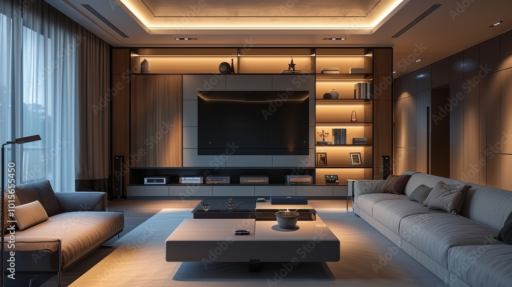 Fototapeta premium A sleek multimedia center, smart home appliances, and chic furnishings beautify this advanced living area.