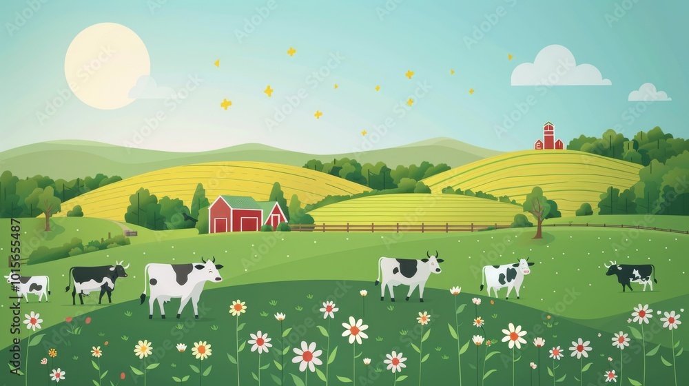Vector illustration of a modern cattle farm with a focus on animal welfare and eco-friendly practices Vector illustration of a modern cattle farm with a focus on animal welfare and eco-friendly practices
