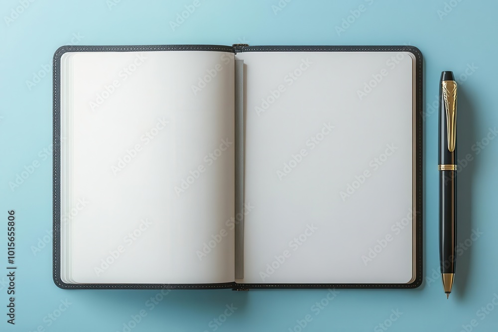 Topdown view of an open notebook mockup with blank pages, a stylish pen beside it, soft cool lighting, ultrarealistic details of paper grain and pen design Topdown view of an open notebook mockup with blank pages, a stylish pen beside it, soft cool lighting, ultrarealistic details of paper grain and pen design
