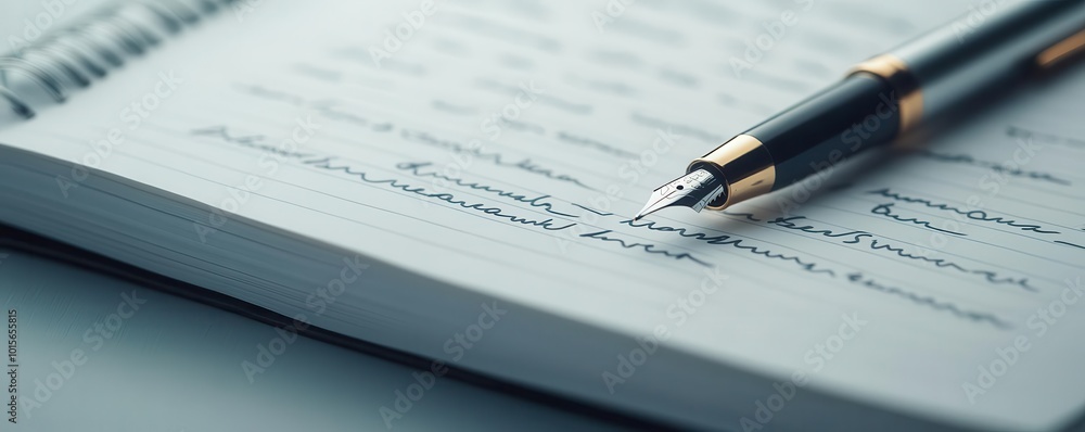 Topdown view of a notebook filled with writing, pen resting on the page, soft cool lighting, ultrarealistic paper grain and ink flow, intimate writing moment Topdown view of a notebook filled with writing, pen resting on the page, soft cool lighting, ultrarealistic paper grain and ink flow, intimate writing moment