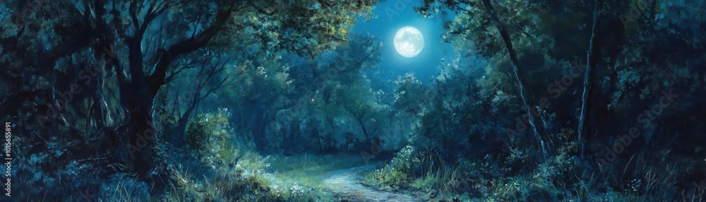 Obraz premium A serene moonlit forest path, illuminated by the glowing moon, surrounded by lush trees and tranquil nature.