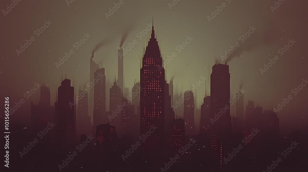 A haunting cityscape featuring dark skyscrapers with glowing windows. A haunting cityscape featuring dark skyscrapers with glowing windows.