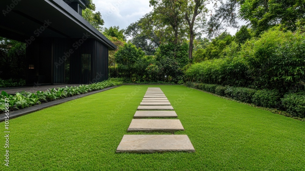 Stunning Modern Landscape Design Featuring a Lush Green Lawn and Stone Pathway Stunning Modern Landscape Design Featuring a Lush Green Lawn and Stone Pathway