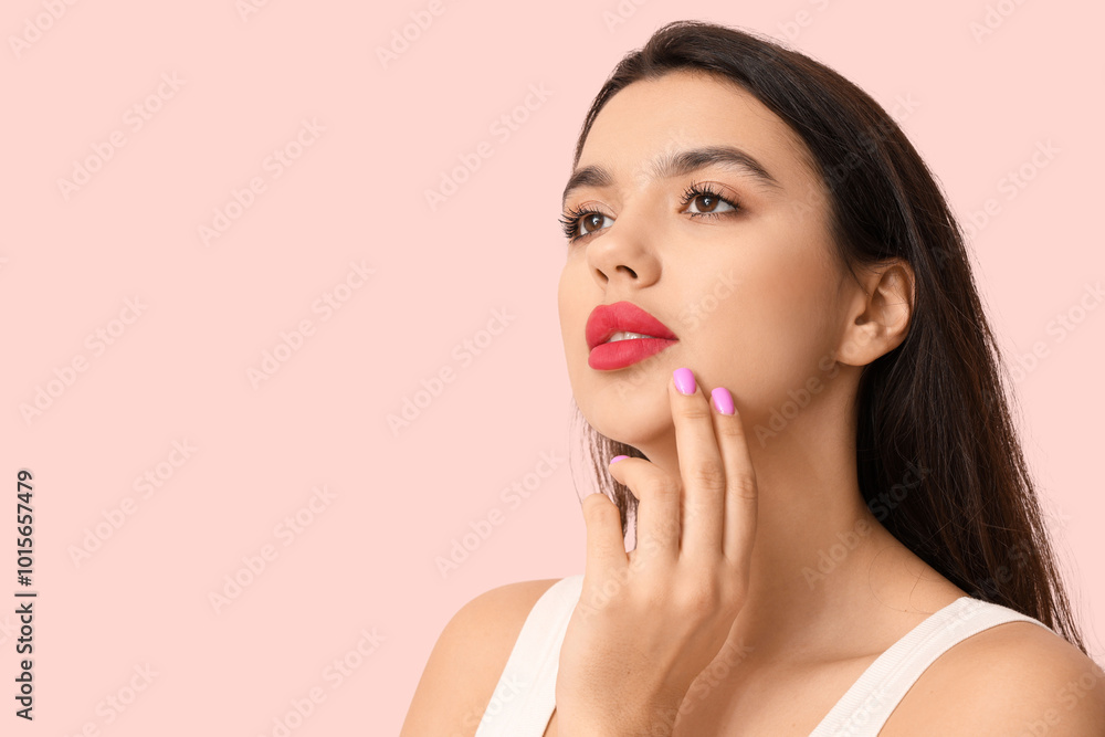 Beautiful young woman with stylish makeup on pink background Beautiful young woman with stylish makeup on pink background
