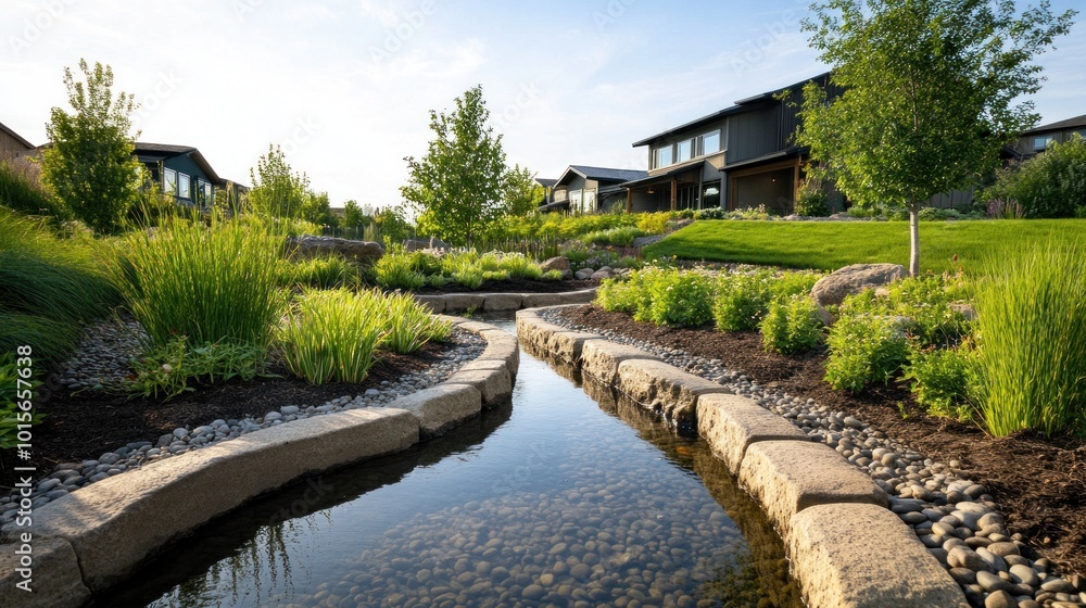 Serene Landscape Design A Tranquil Stream Flowing Through Lush Gardens in a Modern Residential Area Serene Landscape Design A Tranquil Stream Flowing Through Lush Gardens in a Modern Residential Area