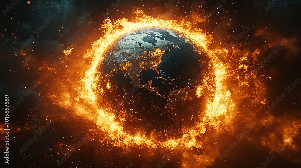 An abstract planet Earth, focused on Europe, surrounded by flames, symbolizes the concept of war and environmental destruction. An abstract planet Earth, focused on Europe, surrounded by flames, symbolizes the concept of war and environmental destruction.
