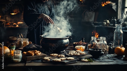 A dark, moody kitchen scene featuring a witch stirring a pot filled with smoke, surrounded by cookies and autumn decor, creating an eerie Halloween ambiance.