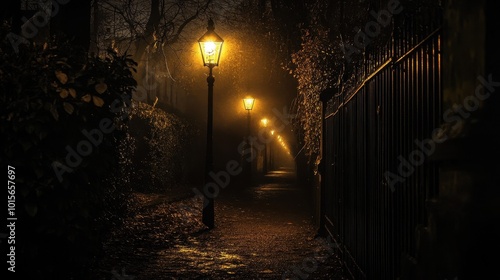 A hauntingly beautiful image of a dark and misty alleyway, illuminated by flickering street lights. Perfect for capturing the essence of mystery and solitude. photo