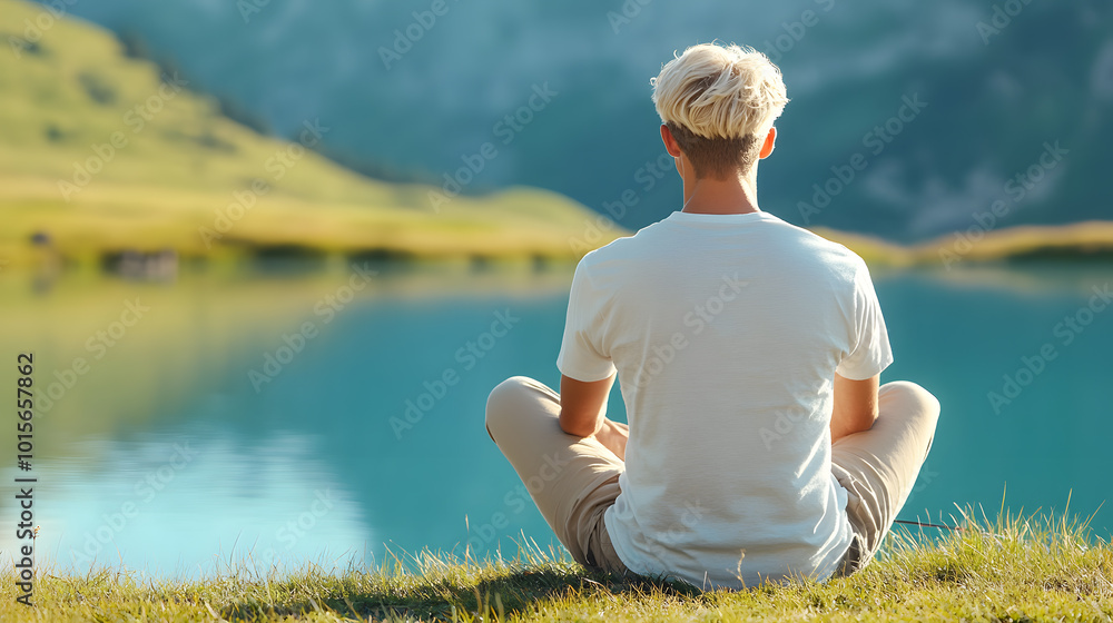 Fototapeta premium A person sits quietly by a peaceful lake on a calm Sunday afternoon, reflecting and enjoying the beauty of nature. The serenity of the outdoor escape of a tranquil moment of relaxation and solitude.