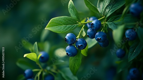 20. A close-up of blueberries with green leaves