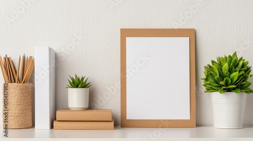 A minimalistic workspace featuring a blank frame, books, plant arrangements, and natural textures, creating a serene and organized environment.