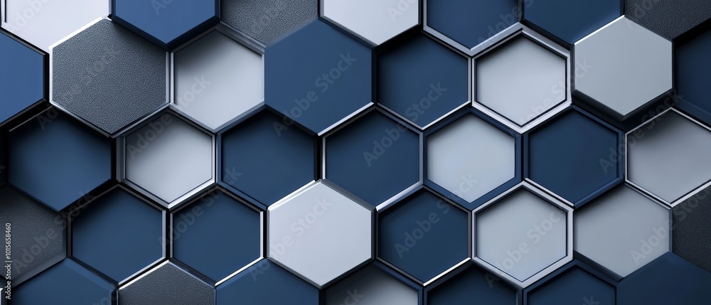 A modern abstract design featuring hexagons in shades of blue and gray, with white outlines on the edges for contrast. The background is a textured surface with small details that add depth A modern abstract design featuring hexagons in shades of blue and gray, with white outlines on the edges for contrast. The background is a textured surface with small details that add depth