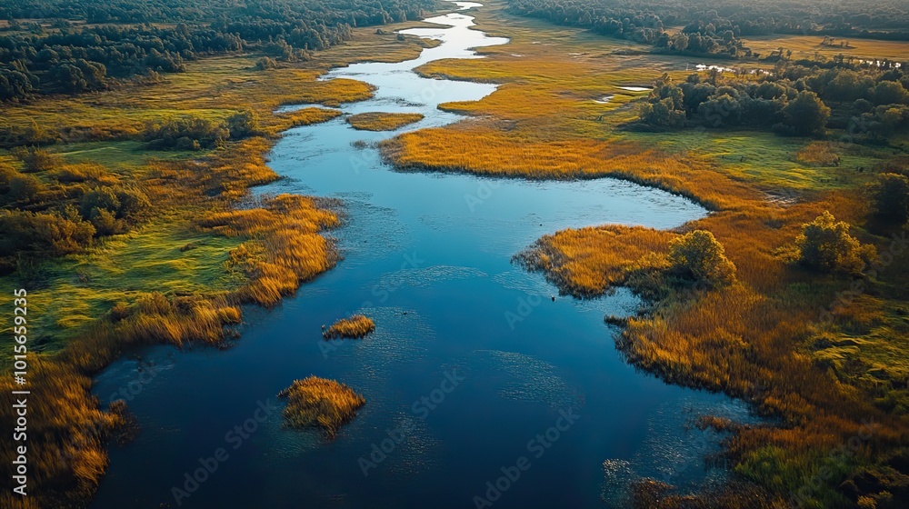 An aerial shot of a bog landscape reveals natural elements interspersed with peat extraction sites. An aerial shot of a bog landscape reveals natural elements interspersed with peat extraction sites.