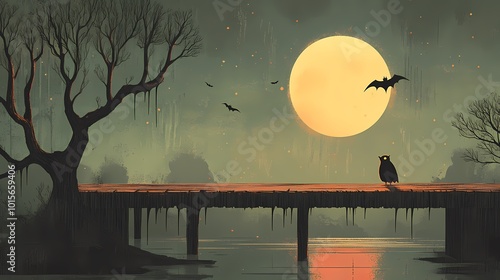 An eerie owl perched on a bridge under a full moon's glow in a misty landscape. photo