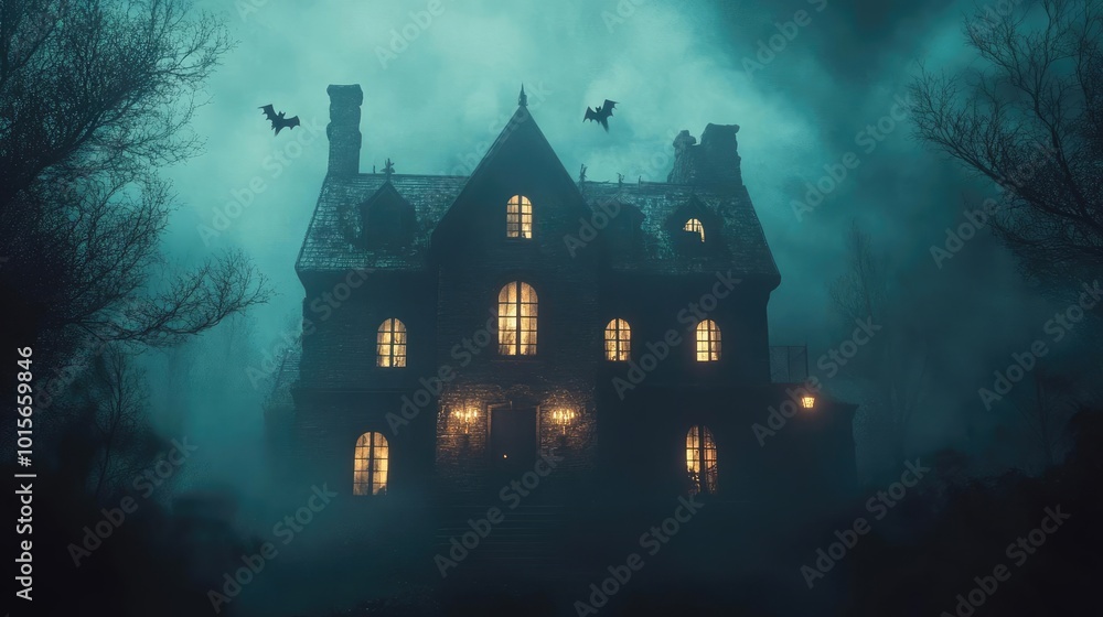 Eerie haunted house surrounded by misty landscape, illuminated windows, and ominous atmosphere, perfect for Halloween themes. Eerie haunted house surrounded by misty landscape, illuminated windows, and ominous atmosphere, perfect for Halloween themes.