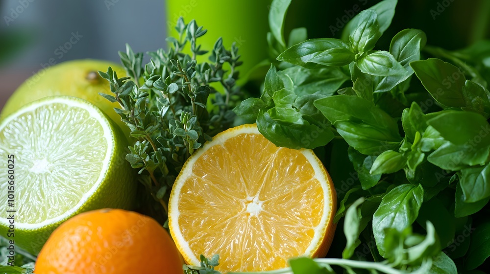 38. A collection of fresh herbs and citrus fruits 38. A collection of fresh herbs and citrus fruits