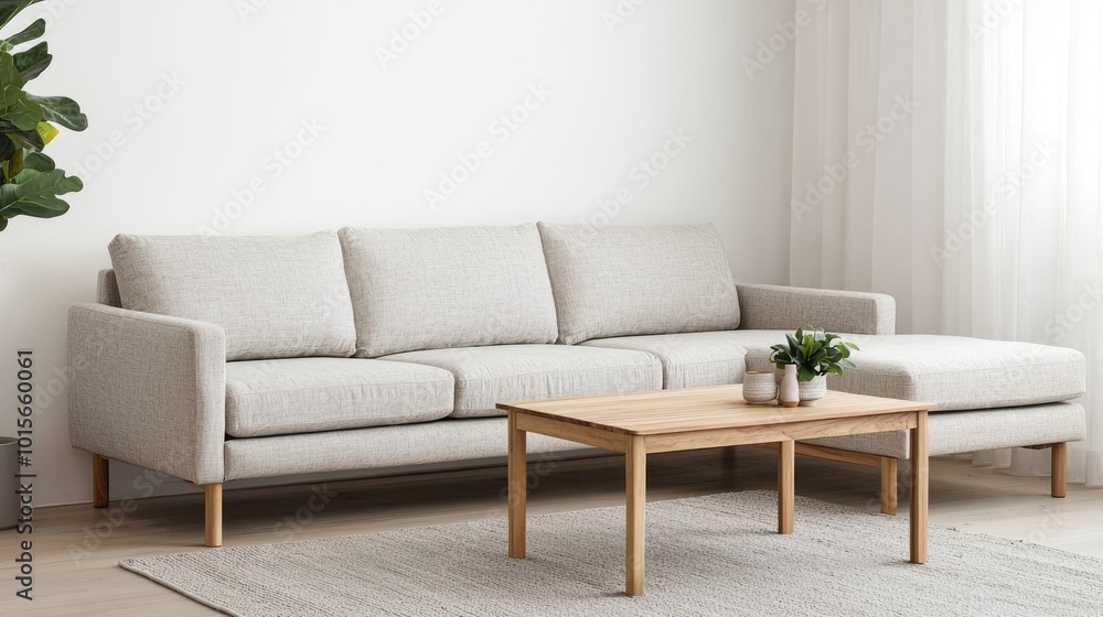 A modern, light gray sofa with wooden legs is paired with a stylish wooden coffee table, accented by a small plant, set against a bright, minimalist background. A modern, light gray sofa with wooden legs is paired with a stylish wooden coffee table, accented by a small plant, set against a bright, minimalist background.