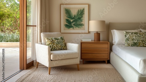 A serene bedroom featuring a cozy chair, wooden nightstand, decorative cushions, and a fern artwork, inviting relaxation and comfort.