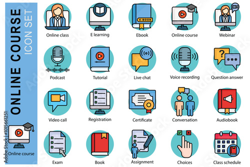 Online course icon set. colored outline icon style. icon related to online learning. online class, e learning, tutorial, and more. education element vector illustration