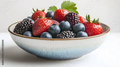 57. A bowl of assorted berries on a white table