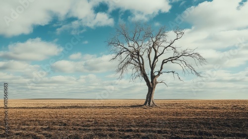 A solitary tree stands tall in a vast landscape under a cloudy sky, showcasing the beauty of nature and solitude.