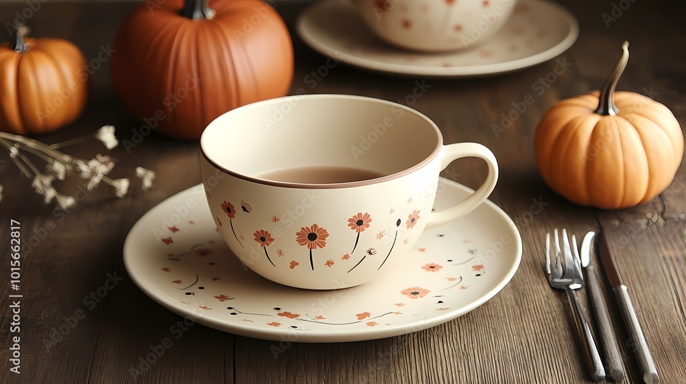 Cozy autumn tea set with floral design and decorative pumpkins. Cozy autumn tea set with floral design and decorative pumpkins.