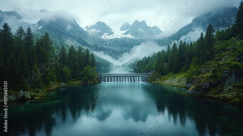 An alpine dam holds back water, generating sustainable energy in the fight against climate change.