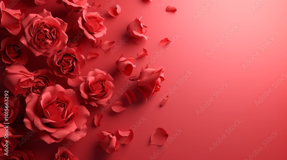 A striking image of red roses with scattered petals falling on a gradient red background. The soft gradient adds depth to the composition, evoking a feeling of romance and delicacy. A striking image of red roses with scattered petals falling on a gradient red background. The soft gradient adds depth to the composition, evoking a feeling of romance and delicacy.