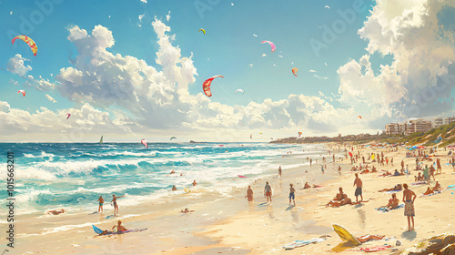A busy beach with children flying kites, surfers in the water, and people sunbathing.
