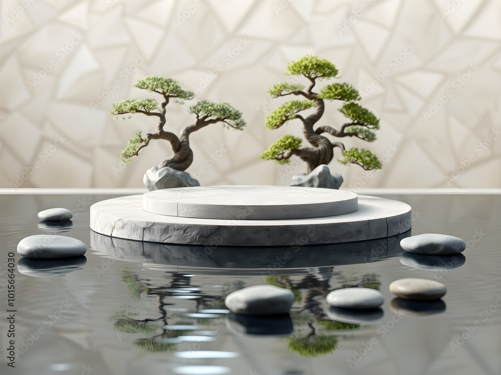 Circular stone podium with bonsai and water reflection pool Circular stone podium with bonsai and water reflection pool