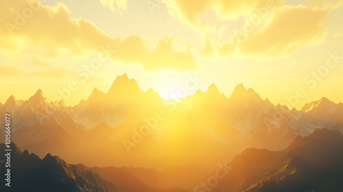 A breathtaking sunrise over a mountain range, casting golden light across the peaks.