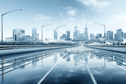 City skyline and reflection on glass road