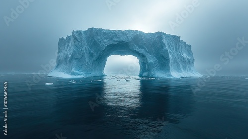 An iceberg's fractured arch looms in the arctic, a dramatic sign of the changing climate.