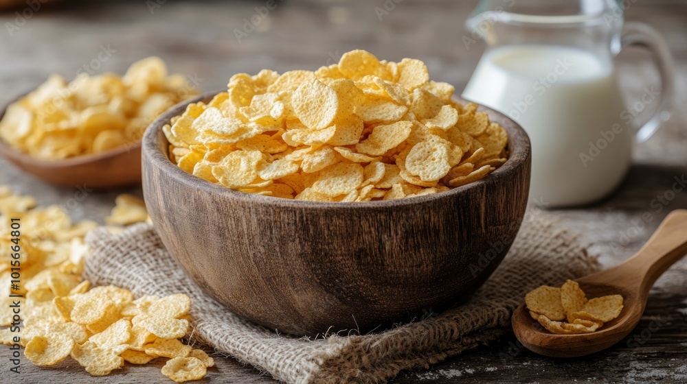 A bowl of cornflakes with a pitcher of milk on a rustic wooden table. A bowl of cornflakes with a pitcher of milk on a rustic wooden table.