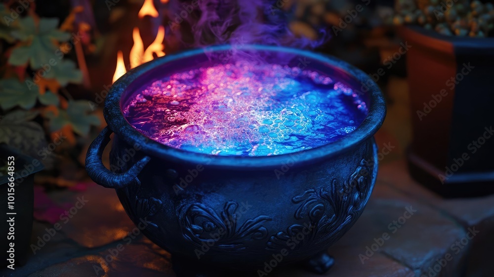 A mystical cauldron filled with vibrant, colorful liquid, emitting steam and surrounded by a magical atmosphere at twilight. A mystical cauldron filled with vibrant, colorful liquid, emitting steam and surrounded by a magical atmosphere at twilight.