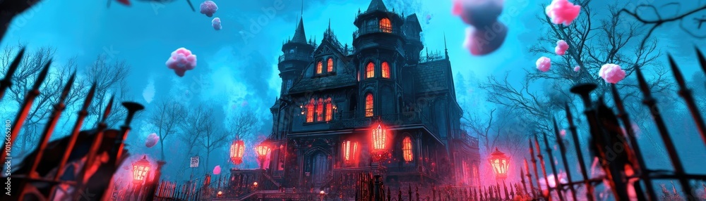 Eerie haunted mansion surrounded by fog, illuminated by glowing lanterns, perfect for Halloween themes and spooky storytelling. Eerie haunted mansion surrounded by fog, illuminated by glowing lanterns, perfect for Halloween themes and spooky storytelling.