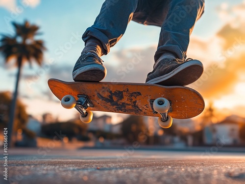 Skateboarder mid-air with sunset in background. photo